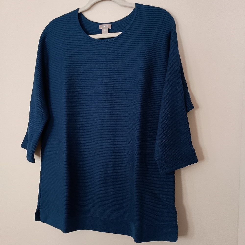 Chicos Teal Blue Ribbed Modest Tunic‎ Length Cozy Casual Knit Sweater Large